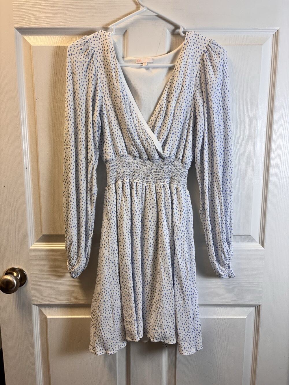 GB White Dress Blue Polka Dots M